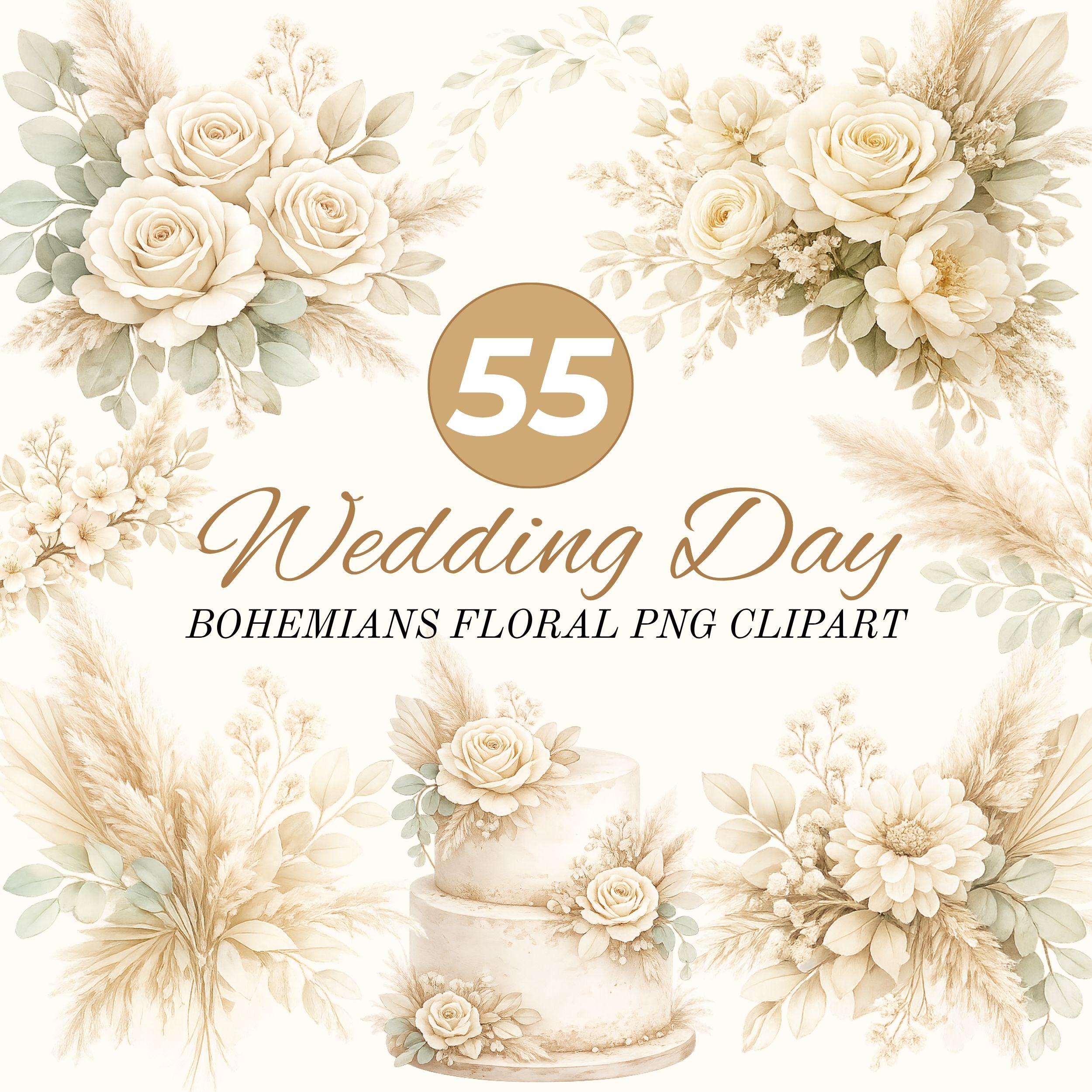 Boho Wedding Clipart PNG, Floral Wedding Bundle, Beige flowers, Pampas Grass, Invitation Design