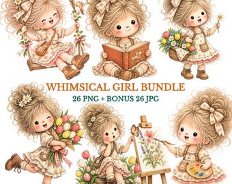 Whimsical Girl Clipart Bundle | Watercolor Illustrations | 26 PNG + JPG Files | 300 DPI | Commercial Use