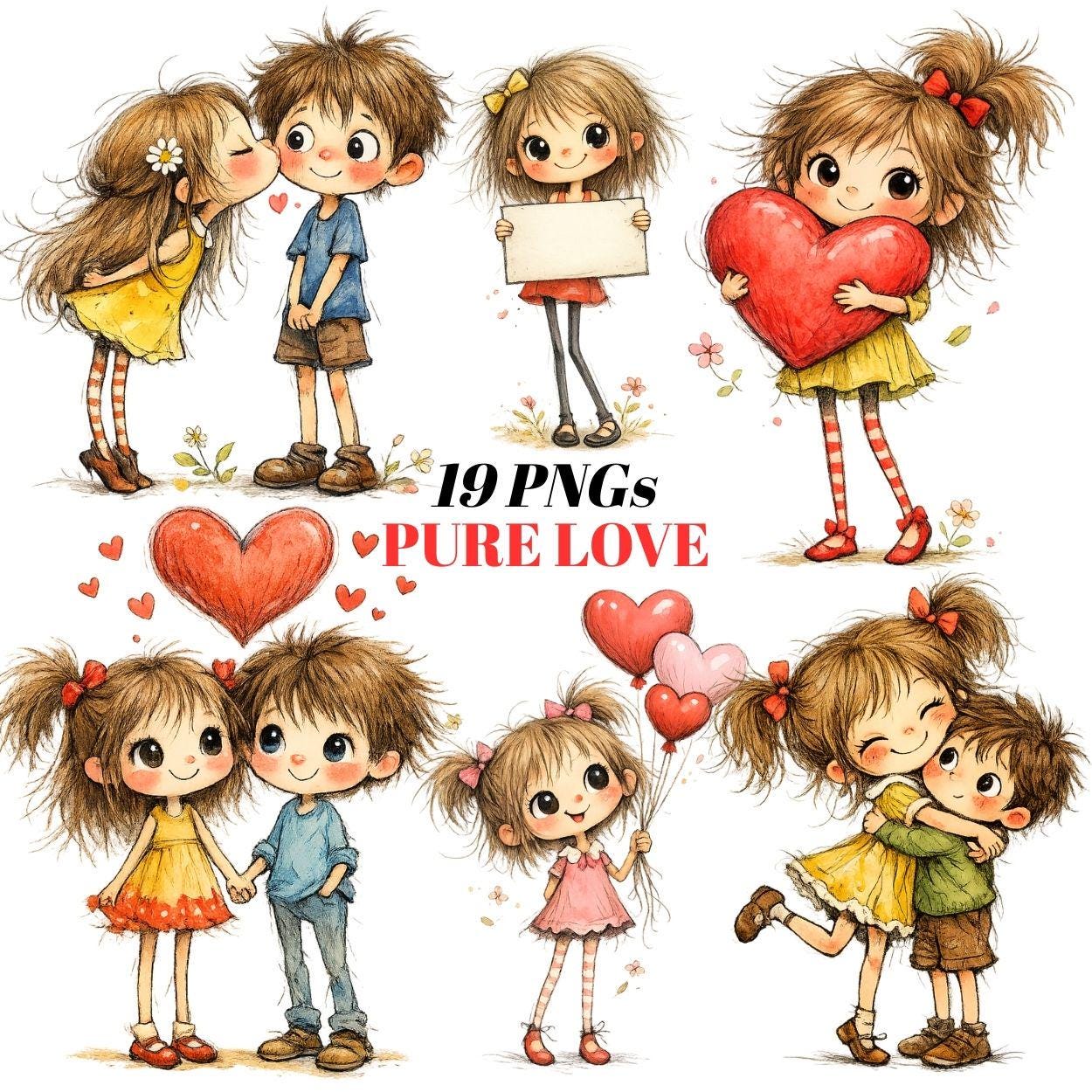 Valentine Couple Clipart, Watercolor Love Illustrations, Heart Graphics (Digital Download)