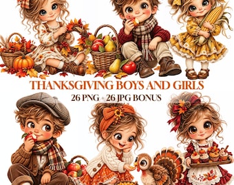 Thanksgiving Clipart | Boys And Girls Autumn Fall Watercolor Kawaii | 26 PNG + JPG Files | 300 DPI | Commercial Use