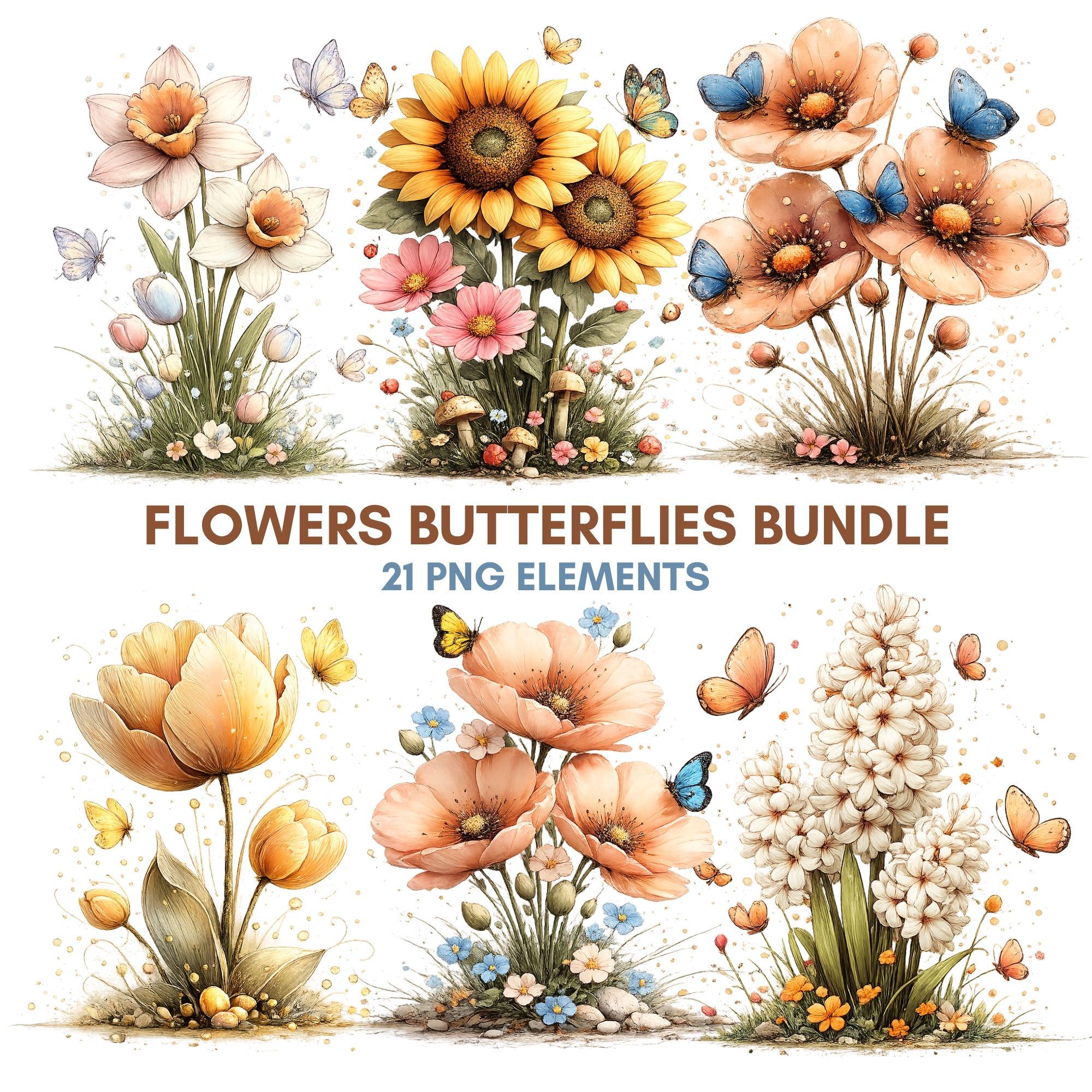 Watercolor Flower Clipart Bundle, Spring Floral PNG, Garden Flowers, Butterfly Illustration, Instant Download