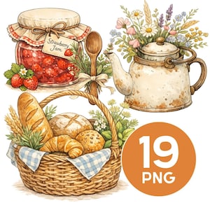 Puede incluir: Ilustración en acuarela con un tarro de mermelada de fresa, una cuchara de madera, una tetera llena de flores y una cesta de pan y pasteles. La imagen incluye el texto "Strawberry Jam" en una etiqueta.