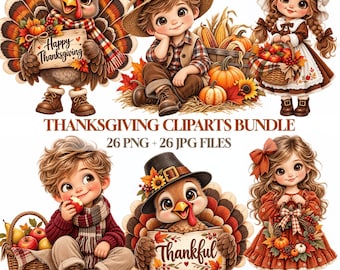 Thanksgiving Clipart | Whimsical Fall Elements Watercolor | 26 PNG + JPG Files | 300 DPI Transparent Background | Commercial Use