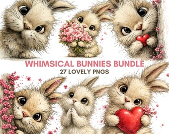 Whimsical Bunny Clipart Bundle, Easter Rabbit PNG, Nursery Animal Clipart (Digital download - 27 PNGs)