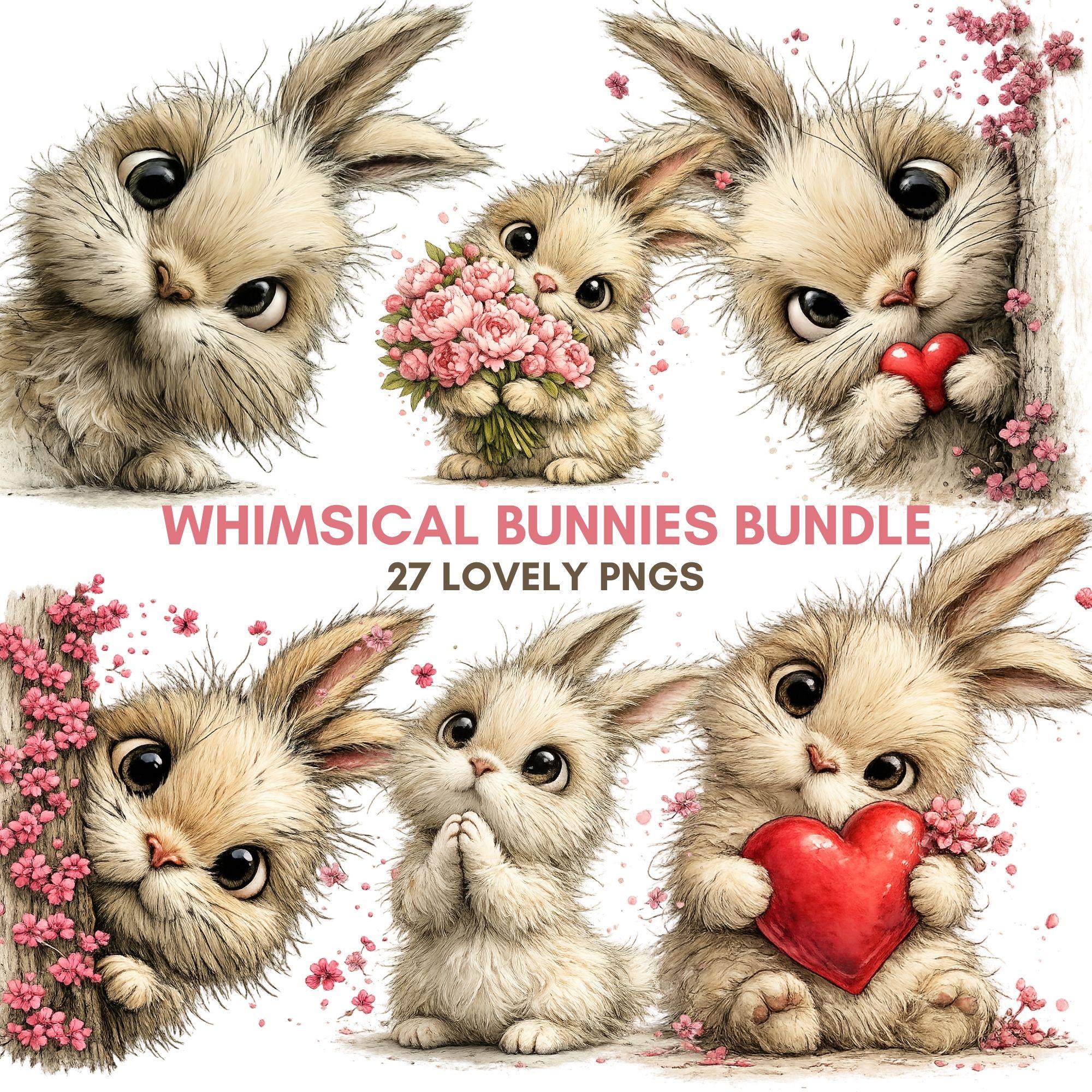 Whimsical Bunny Clipart Bundle, Easter Rabbit PNG, Nursery Animal Clipart (Digital download - 27 PNGs)
