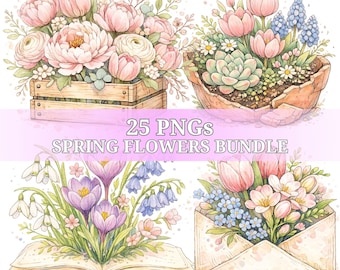 Spring flowers clipart bundle, floral elements set, png transparent, garden illustrations, scrapbooking graphics