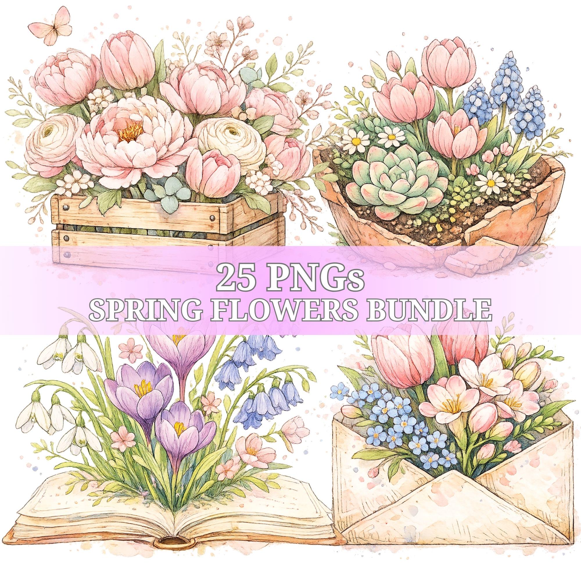 Spring flowers clipart bundle, floral elements set, png transparent, garden illustrations, scrapbooking graphics