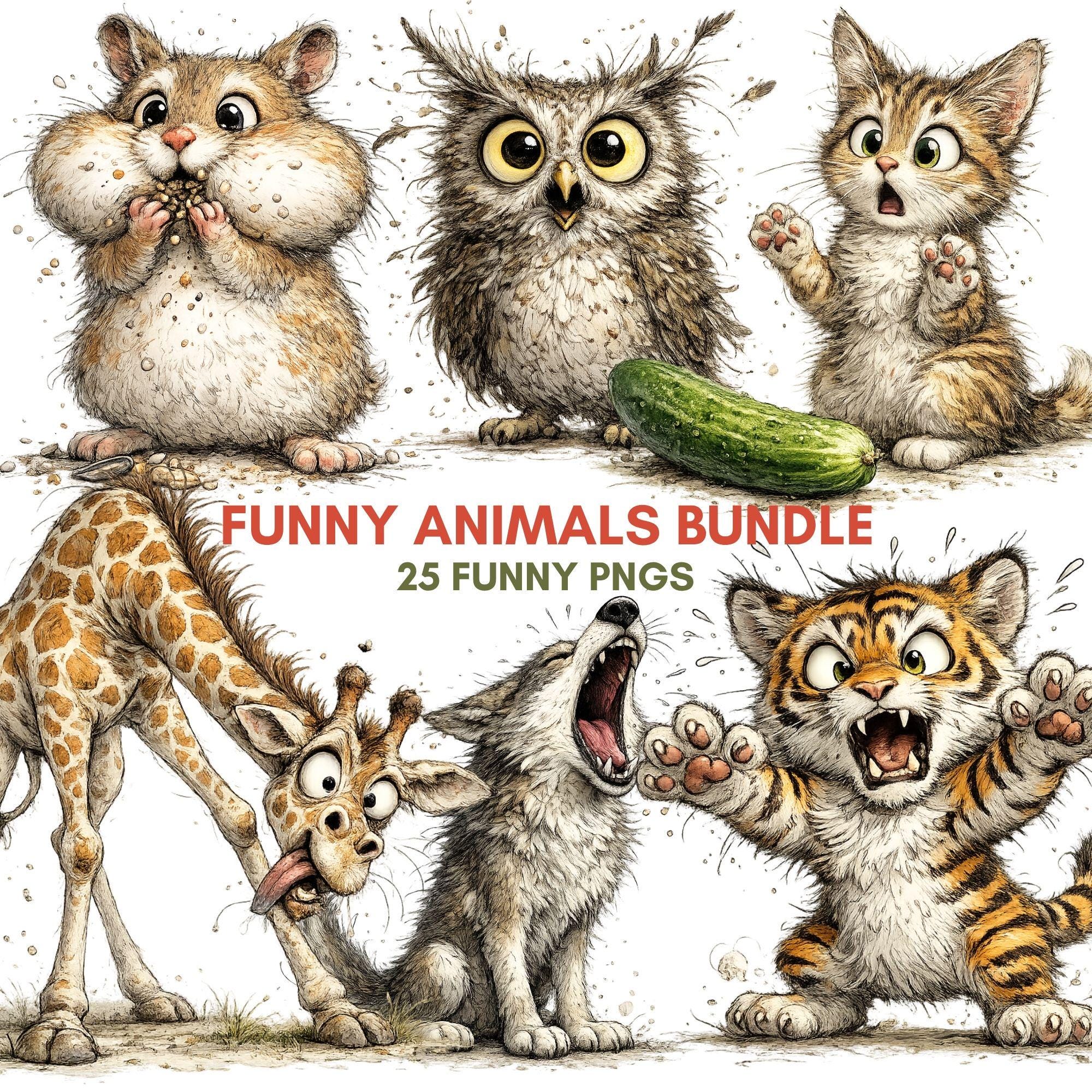 Funny Watercolor Animal PNG Bundle, Humorous Woodland Jungle Creatures (Digital Download)