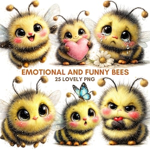 Paquete de imágenes prediseñadas PNG de abejas, acuarela, emociones de abejas, gráficos para sublimación