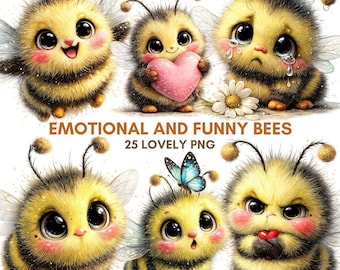 Bij clipart PNG bundel aquarel honingbij emoties sublimatie graphics