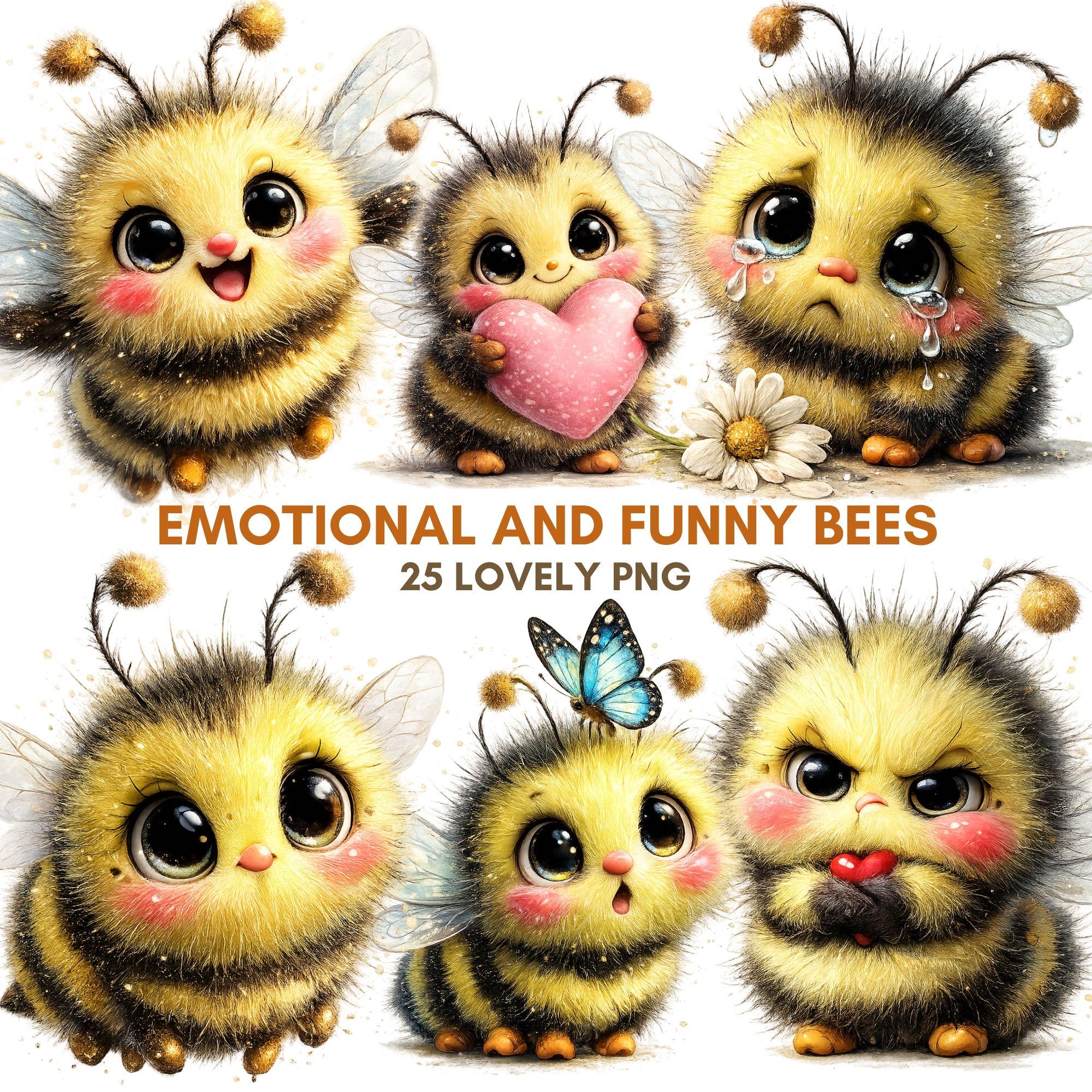 Bee Clipart PNG Bundle Watercolor Honey Bee Emotions Sublimation Graphics