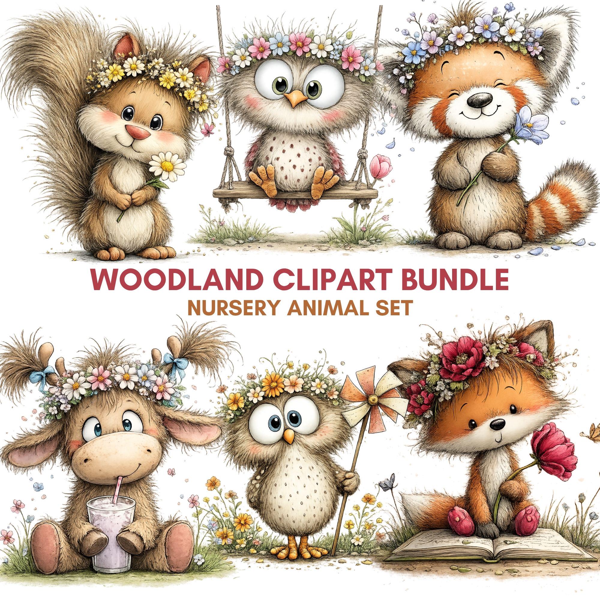 Woodland Animals Clipart PNG Bundle, Forest Nursery Decor Graphics (Digital Download)
