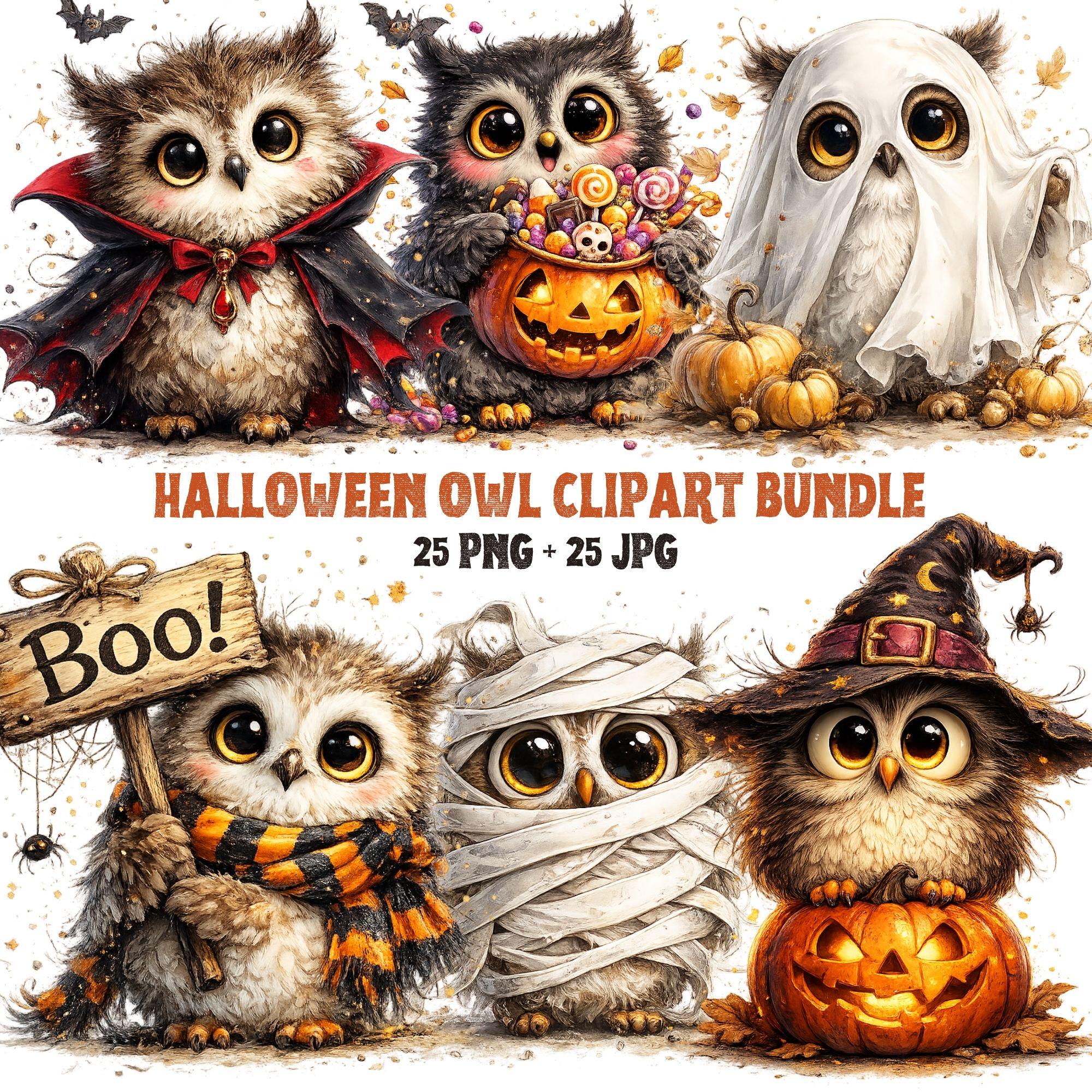 Halloween Owl Clipart PNG + JPG Bundle Spooky Autumn Owl Graphics | Digital Download | Commercial Us