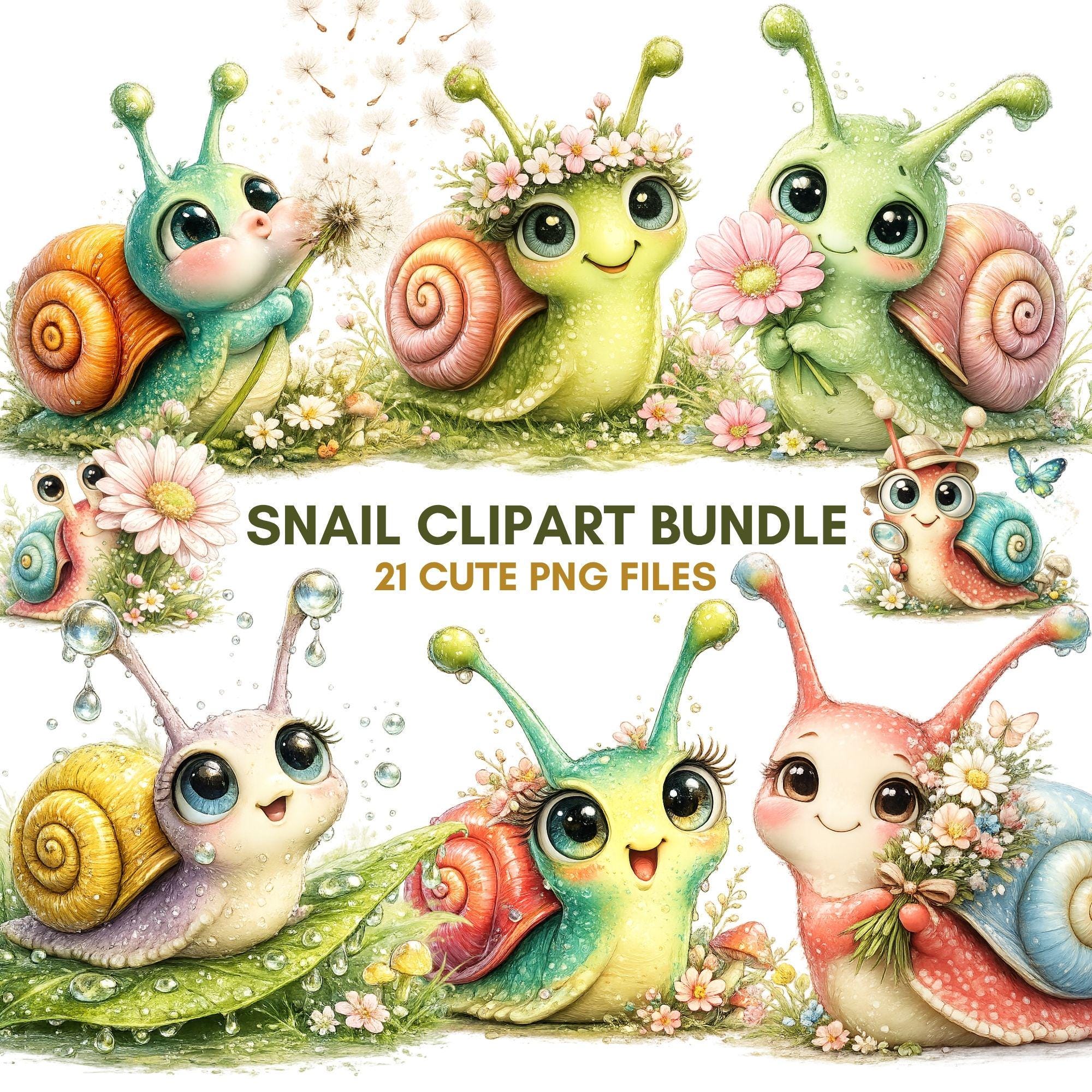 Snail Clipart PNG Bundle Watercolor Floral Garden Set Sublimation Design