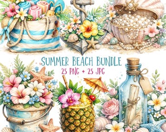 Coastal Clipart PNG + JPG Bundle Tropical Beach Decor Summer Graphics | Digital download
