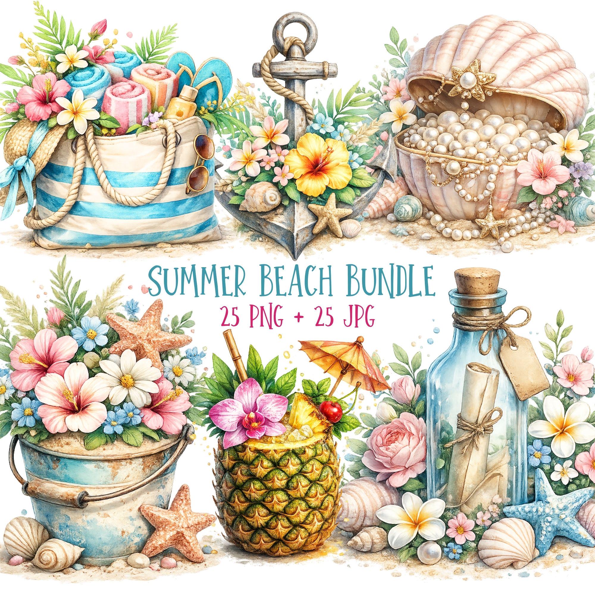 Coastal Clipart PNG + JPG Bundle Tropical Beach Decor Summer Graphics | Digital download
