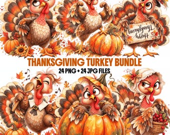 Thanksgiving Clipart | Watercolor Turkey Artwork | 24 PNG + JPG Files | 300 DPI | Teachers Small Business | Commercial Use