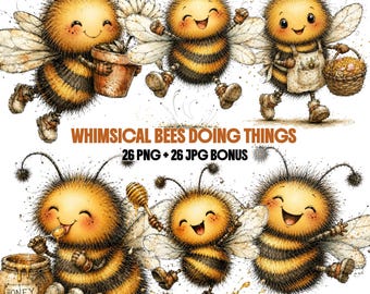 Bee Clipart | Whimsical Watercolor Bumble Illustrations | 26 PNG + JPG Files | 300 DPI | Commercial Use