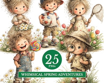 Spring Kids Clipart Bundle, Girl Boy Illustrations, Watercolor Children Art, Nursery Decor Graphics, Commercial Use