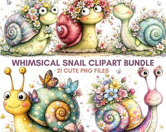 Snail Watercolor Clipart Pack | PNG With Transparent Background | 21 File Instant Download | Commercial Use