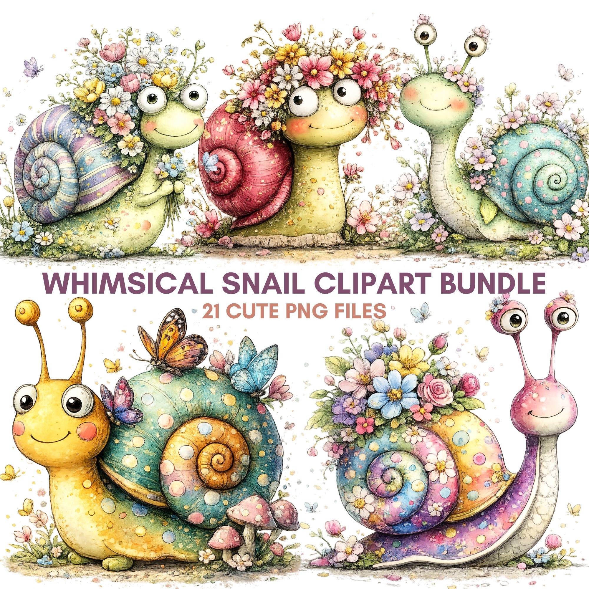 Snail Clipart PNG Watercolor Bundle Floral Garden Set Illustration