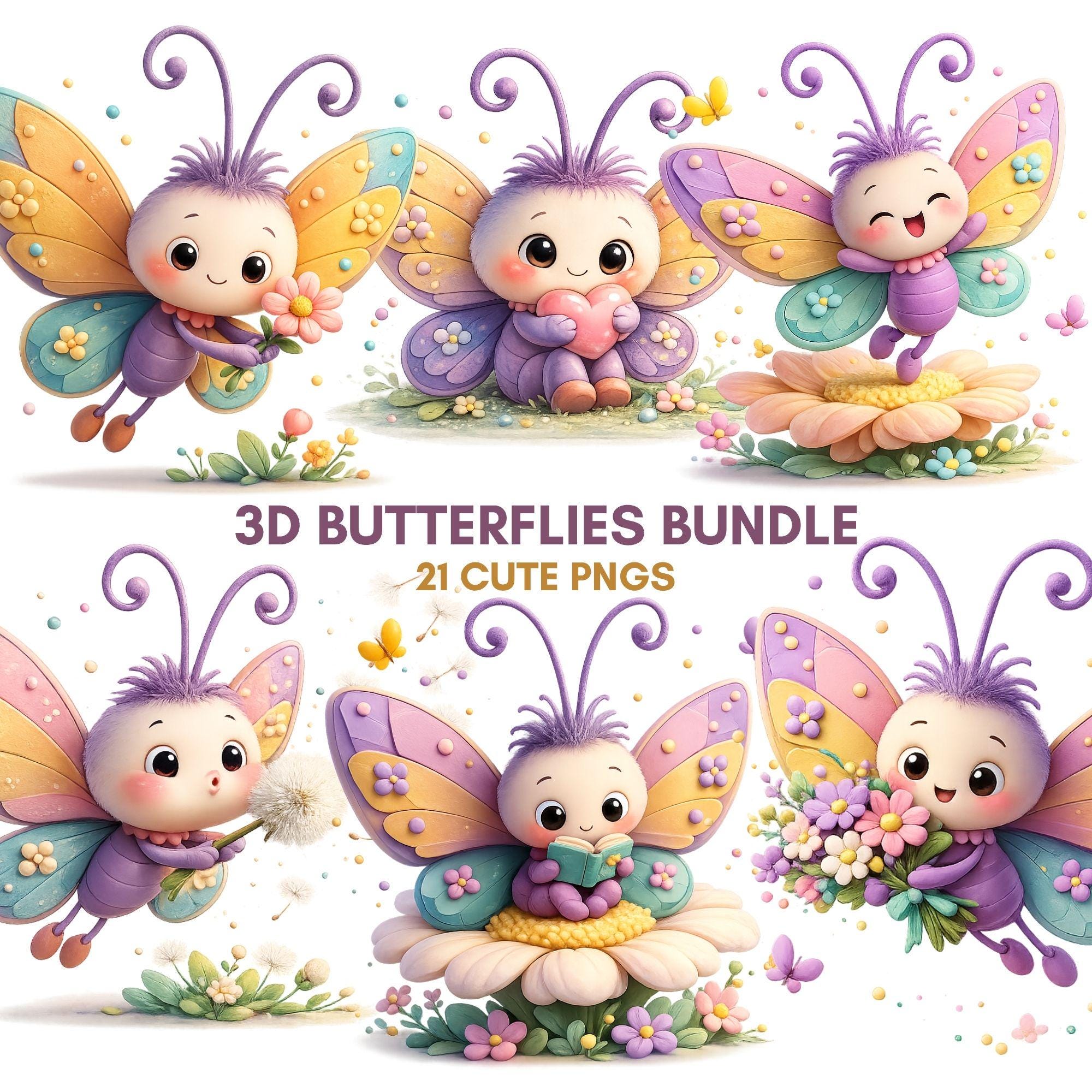 Kawaii Butterfly Clipart Bundle, Pastel Cartoon Insects, Kids PNG Illustrations (21 Files)