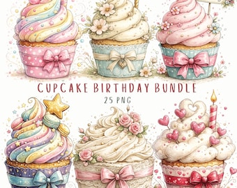 Cupcake Clipart PNG Bundle Watercolor Birthday Bakery Dessert Graphics with Commercial Use
