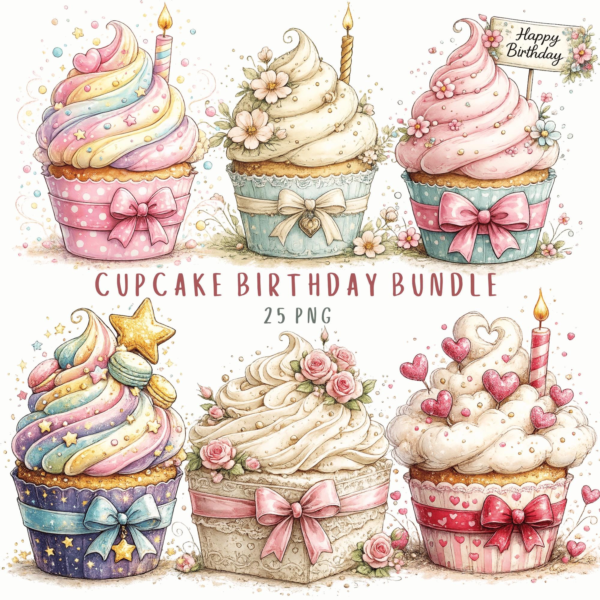 Cupcake Clipart PNG Bundle Watercolor Birthday Bakery Dessert Graphics with Commercial Use