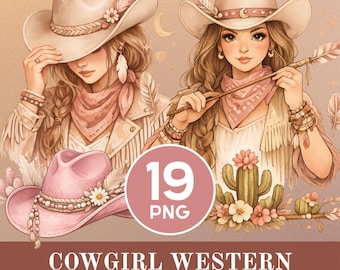 Cowgirl Western Clipart Bundle, Boho PNG Elements (Digital Download)