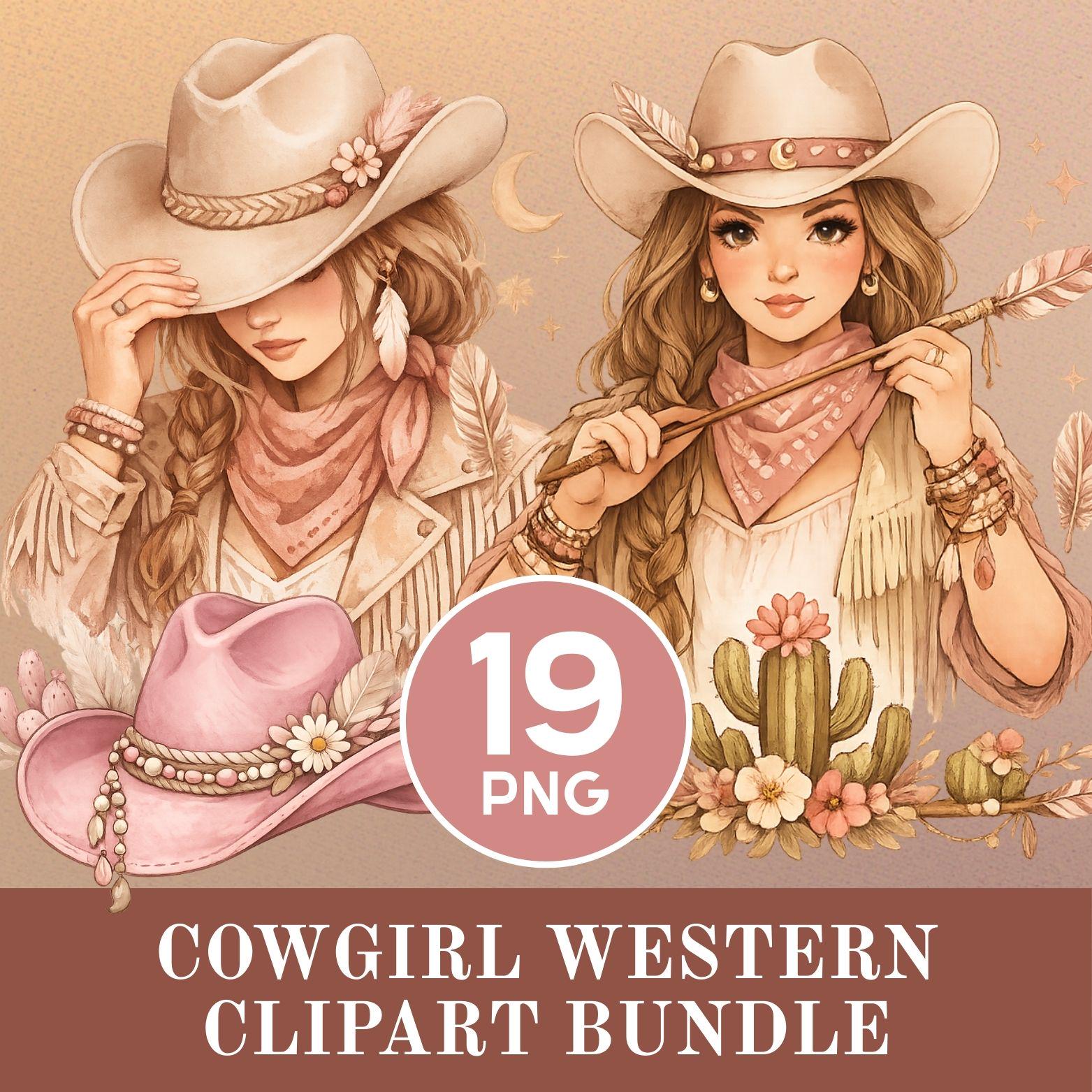 Cowgirl Western Clipart Bundle, Boho PNG Elements (Digital Download)