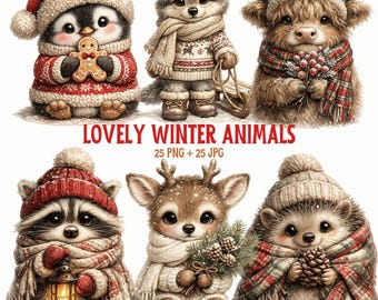 Winter Animals PNG Bundle Christmas Woodland Clipart Cozy Holiday Graphics