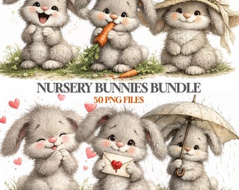 Baby Bunny Clipart Bundle | 50 PNG Elements With Transparent Background | 300 DPI Nursery Rabbit Illustrations For Kids Invitations