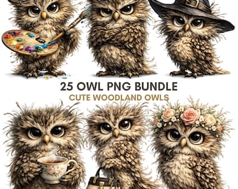 25 Woodland Owl PNG Bundle, Cozy Bird Illustrations, Commercial Use (Digital Download)