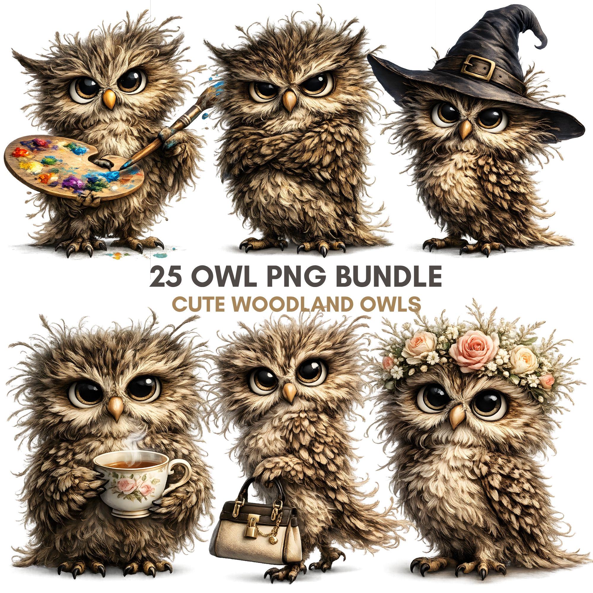 25 Woodland Owl PNG Bundle, Cozy Bird Illustrations, Commercial Use (Digital Download)
