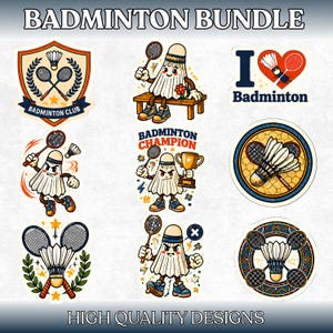 Può includere: Una collezione di nove adesivi a tema badminton con volani dotati di braccia e gambe, racchette, trofei e testo tra cui BADMINTON BUNDLE, BADMINTON CLUB, I LOVE BADMINTON, BADMINTON CHAMPION e HIGH QUALITY DESIGNS in vari colori.