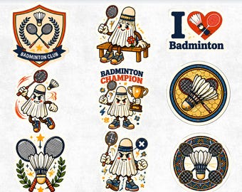 Badminton SVG Bundle, Cute Shuttlecock PNG, Retro Mascot Clipart, I Love Badminton Design, School Club Emblem, Tournament Cricut DIY