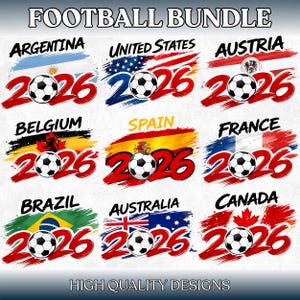 Puede incluir: Un conjunto de diseños temáticos de fútbol con banderas de Argentina, Estados Unidos, Austria, Bélgica, España, Francia, Brasil, Australia y Canadá. Cada diseño incluye un balón de fútbol y el año 2026 en rojo.