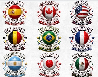 World Cup 2026 SVG Bundle, Country Soccer Crests, Football PNG, International Flags Clipart, United By Football Emblem, Fan Shirt Design