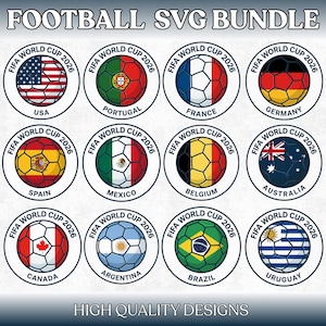 May include: A collection of circular SVG designs featuring soccer balls with flags representing various countries. Each design includes the text "FIFA WORLD CUP 2026" and the country's name. The image also includes the text "FOOTBALL SVG BUNDLE" and "HIGH QUALITY DESIGNS".