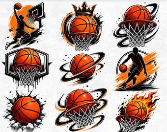 Basketball SVG Bundle, Slam Dunk Basketball PNG, Flaming Hoop Clipart, Crowned Team Emblem, Dribbling Player Silhouette, Cricut Cutting DIY