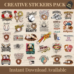 Puede incluir: Un conjunto de pegatinas creativas con temas de béisbol y voleibol. Los diseños incluyen pelotas de béisbol, bates, guantes y textos como "Home Run", "Game Day" y "Beach Volleyball". Descarga instantánea disponible.