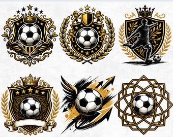 Soccer Crest SVG Bundle, Luxury Football PNG, Black Gold Championship Emblem, Soccer Trophy Clipart, Team Shield Design, Cricut Silhouette