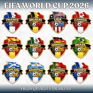 May include: A collection of shield-shaped designs for the FIFA World Cup 2026, featuring flags of participating countries. Each shield has a soccer ball and the year 2026. Countries include France, Belgium, USA, Canada, Spain, Mexico, Germany, Brazil, Scotland, Argentina, Portugal.