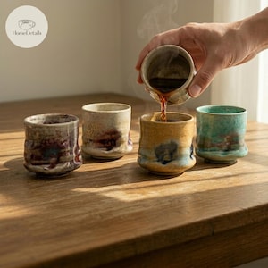 Puede incluir: Cuatro tazas de cerámica hechas a mano con superficies texturizadas y variaciones de color únicas. Una taza se está llenando con un líquido oscuro. Las tazas están sobre una superficie de madera, con el logo de HomeDetails en el fondo.