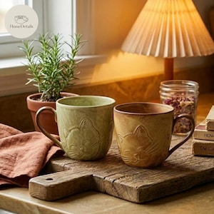 Könnte beinhalten: Zwei Keramikbecher mit Katzenmotiv auf einem Holzbrett. Einer ist hellgrün, der andere braun. Eine kleine Topfpflanze und ein Glas getrockneter Blumen befinden sich im Hintergrund.