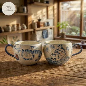 Może przedstawiać: Dwa ceramiczne kubki z niebieskimi ilustracjami kotów i uchwytami. Kubki mają kremową podstawę z niebieskimi akcentami, w tym wzorami kwiatowymi i bambusowymi. Kubki stoją na drewnianej powierzchni.