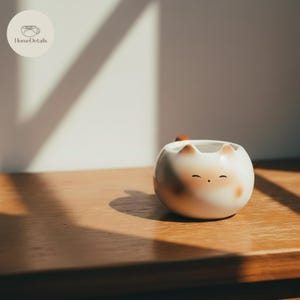 Op de afbeelding: Een kleine, ronde, witte keramische plantenbak in de vorm van een kattengezicht, met bruine accenten op de oren en wangen. De plantenbak heeft een lachend gezicht en staat op een houten oppervlak. Het HomeDetails-logo staat in de linkerbovenhoek.