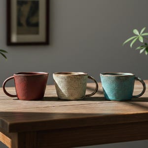 May include: Three ceramic mugs with textured surfaces and curved handles sit on a wooden table. The mugs are in shades of red, cream, and teal. The mugs have a rustic, handmade appearance, suggesting they are for beverages.