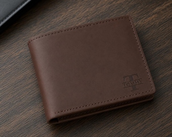 Personalized Genuine Leather Bifold Wallet for Men, Custom Engraved Handwriting or Logo, 8 Card Slots, ID Window, Anniversary Gift for Him