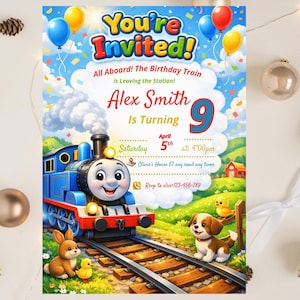 May include: A colorful birthday invitation featuring a cartoon train, balloons, and playful animals. The text reads "You're Invited!" and includes the birthday details: Alex Smith is turning 9 on April 5th at 4:00 pm.